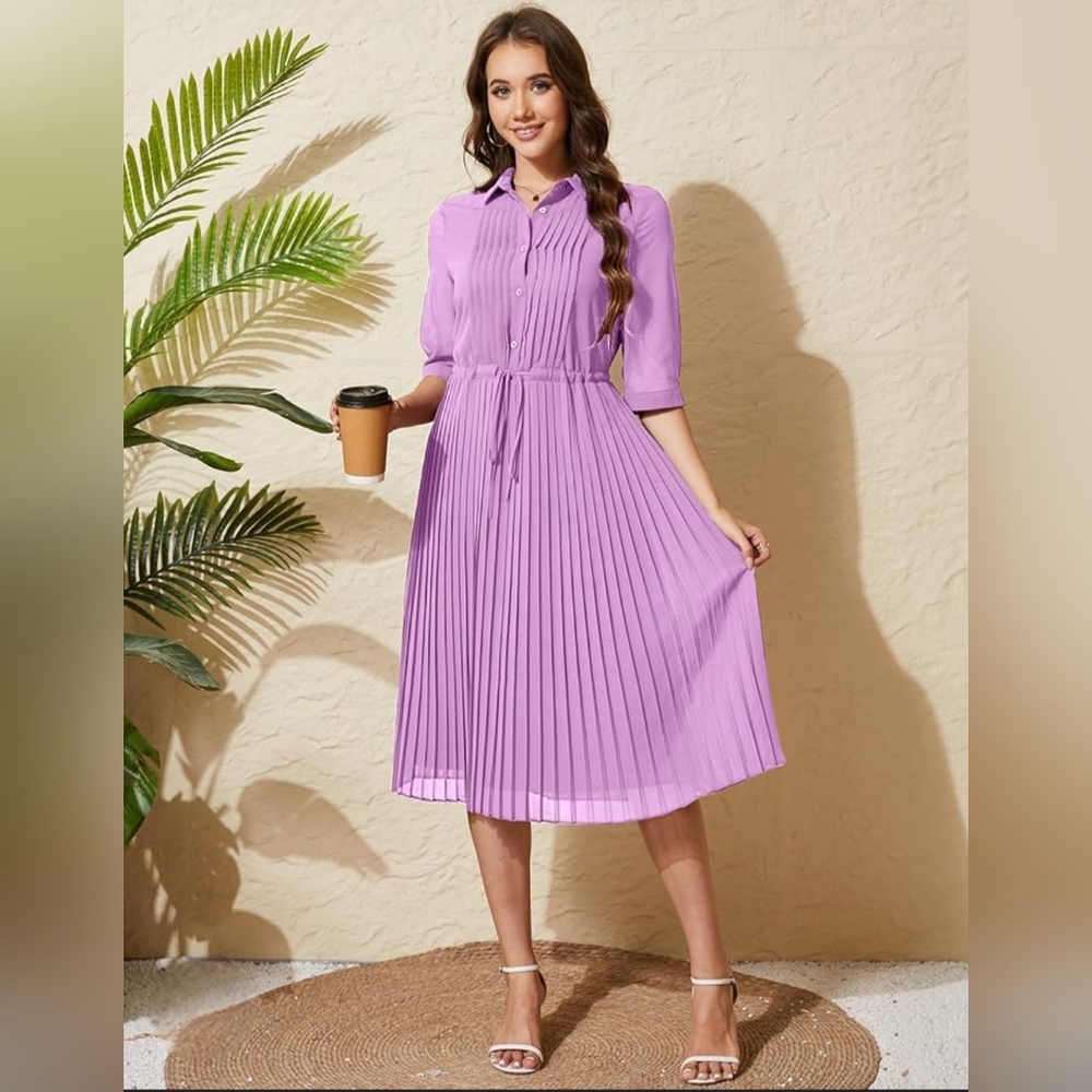 Pleated Lavender Long Sleeve‎ Dress XXXL Plus Romantic,Peppy, Lightweight